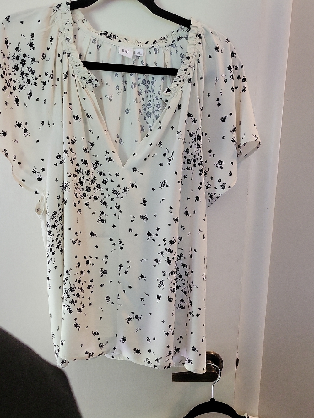 Women's Ivory Floral V-Neck Blouse With Black Flowers